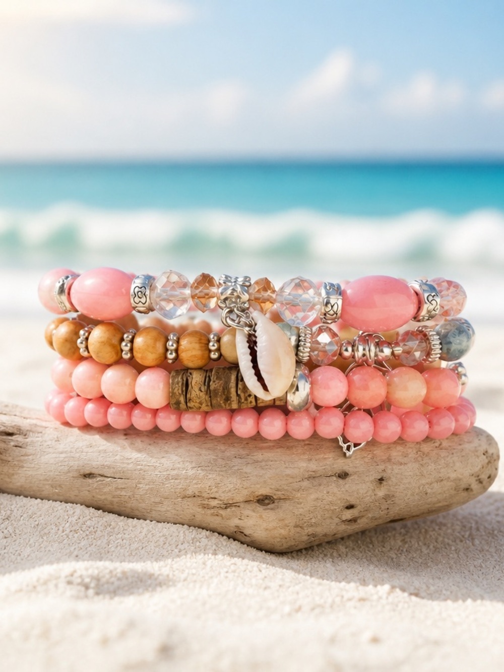 Pink Multi-Layer Beaded Bracelet Stack with Shell Charm